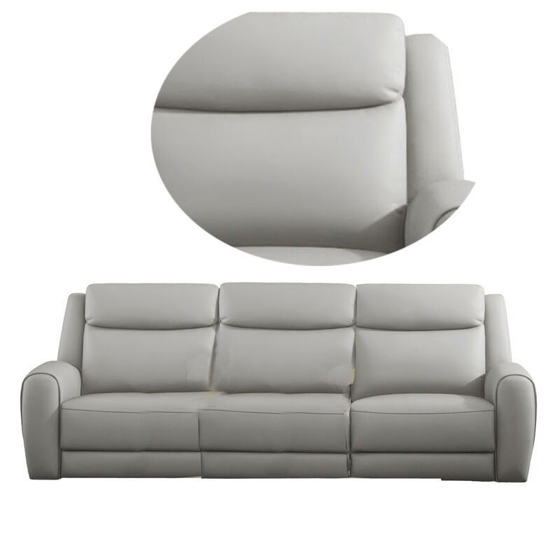 Cobe Sofa, Manual Recliner, 87 Inch, Solid Wood, Top Grain Gray Leather - Benzara