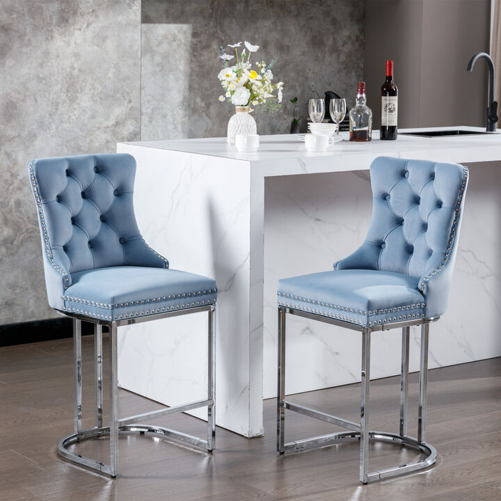 Streamdale Velvet Bar Stools Set of 2 with Chromed Metal Base Legs