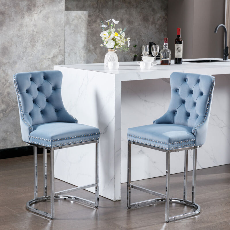 Streamdale Velvet Bar Stools Set of 2 with Chromed Metal Base Legs image number 1