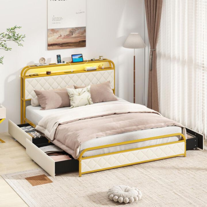 Hivvago Queen Size Bed Frame with LED Lights and Charging Station Gold