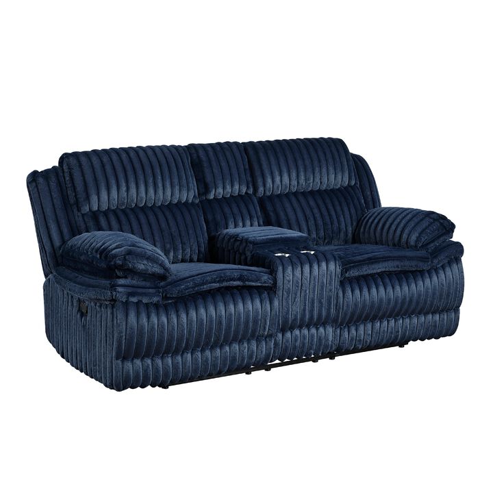 Rexy Manual Dual Recliner Loveseat with Console, Blue Corduroy 85 Inch - Benzara