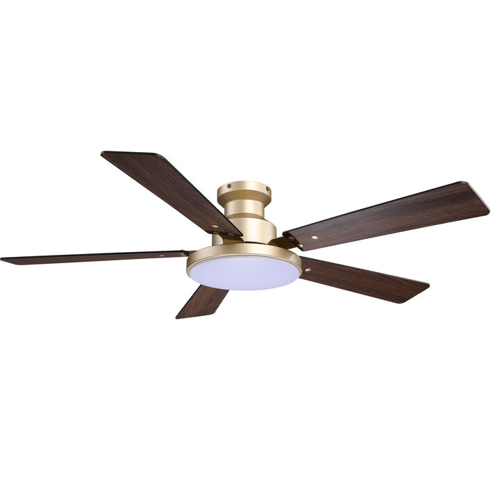 52" Modern Gold Reversible Dimmable Low Profile Flush Mount Smart Ceiling Fan with Light, APP Control and Remote