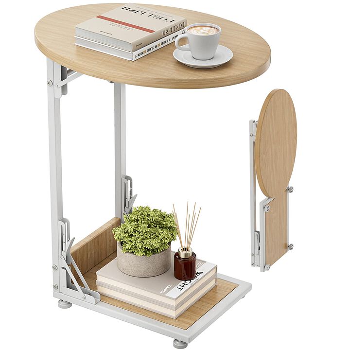 Elbourn Folding Side Table End Couch Tables, C-Shaped End Table for Living Room, Small End Table for Bedroom, Coffee Table(Natur