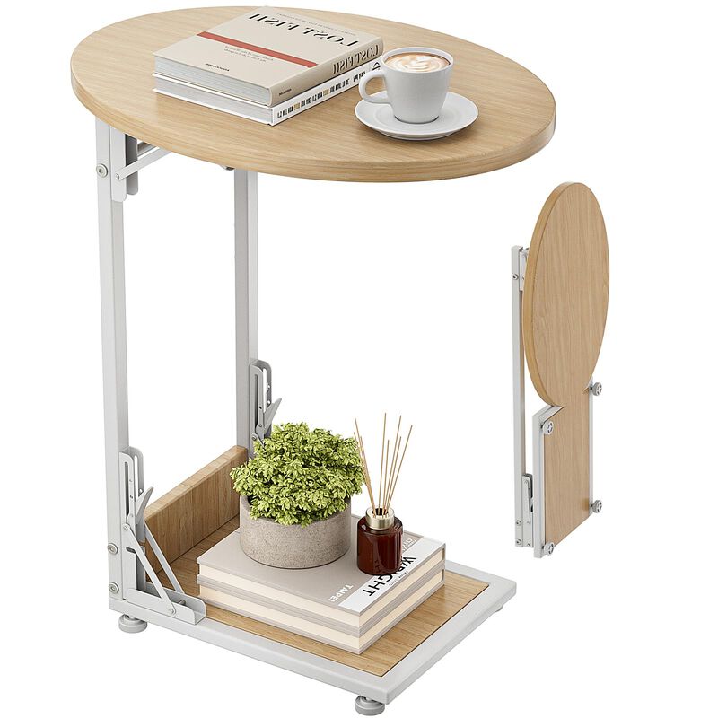 Elbourn Folding Side Table End Couch Tables, C-Shaped End Table for Living Room, Small End Table for Bedroom, Coffee Table(Natur
