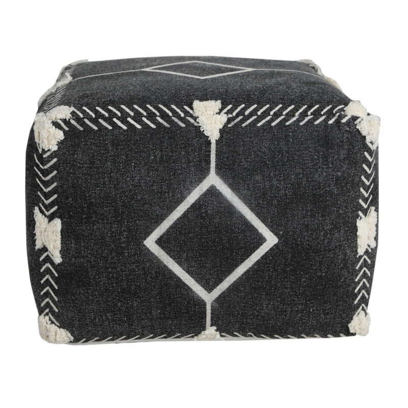 Hivvago 18 Inch Black Cotton Geometric Pouf Ottoman