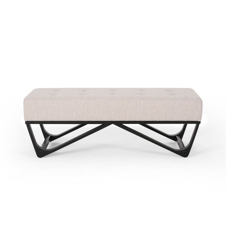 Liba Ottoman Bench, Button Tufted Beige Fabric, Black Frame, 47 Inch - Benzara