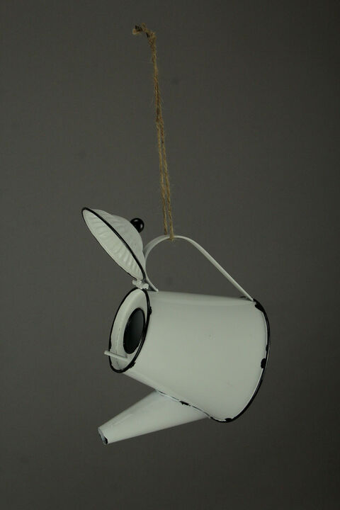 White Enamel Metal Rustic Tea Kettle Decorative Outdoor Hanging Birdhouse Small