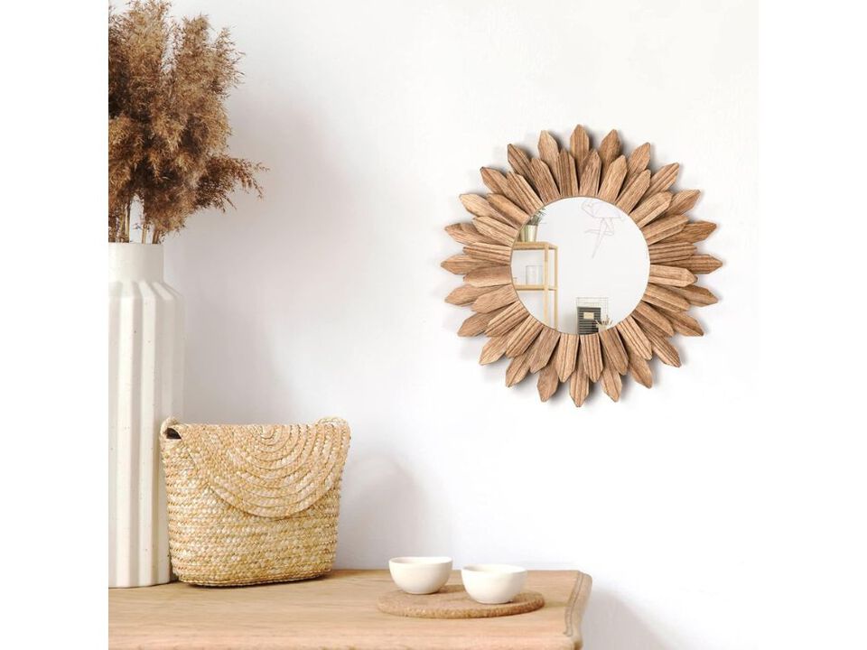 12 Inch Rustic Wood Sunburst Wall Mirror Boho Decor for Living Room Bedroom