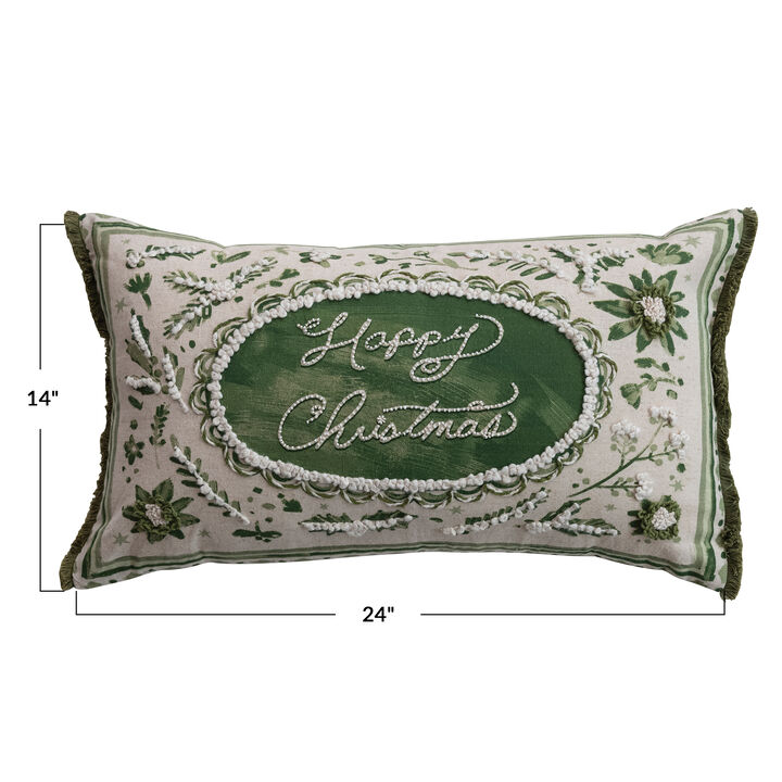 Cotton & Linen Holiday Lumbar Pillow in Green and Cream