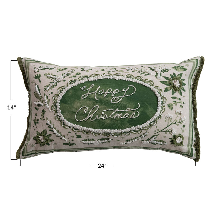 Cotton & Linen Holiday Lumbar Pillow in Green and Cream image number 1