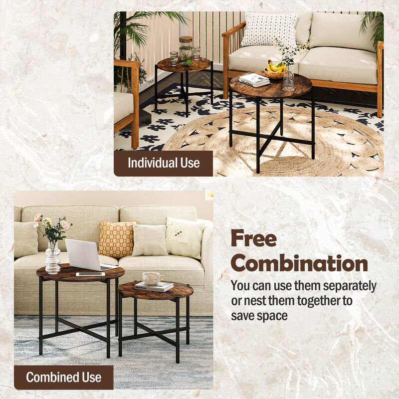 Round Coffee Table Set of 2 – Heavy-Duty Metal Frame Nesting Tables for Living Room