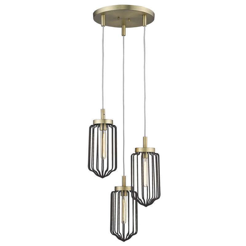 Hivvago Gold Caged Three Light Metal Dimmable Chandelier With Black Shades