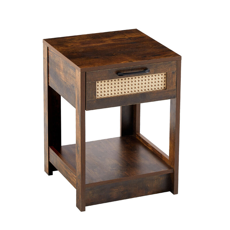 Rattan End Table with Drawer, Modern Nightstand, Side Table for Living Room, Bedroom, Rustic Brown