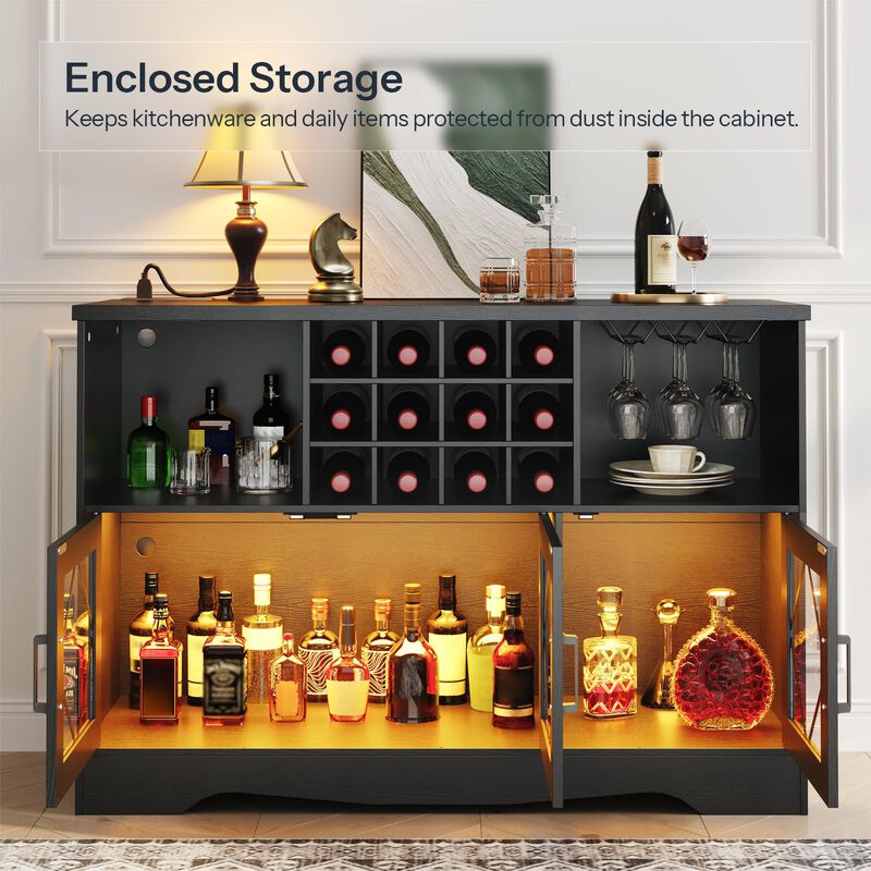 Home Bar Cabinet with LED Lighting, Wine Rack and Power Outlet-Black image number 5