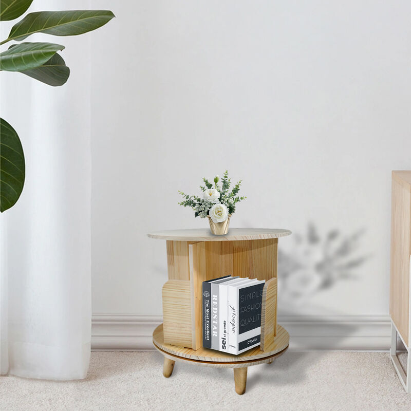 Pine Wood 1-Layer Rotating Bookcase, 360° Bookshelf Display Stand for Home and Office Use