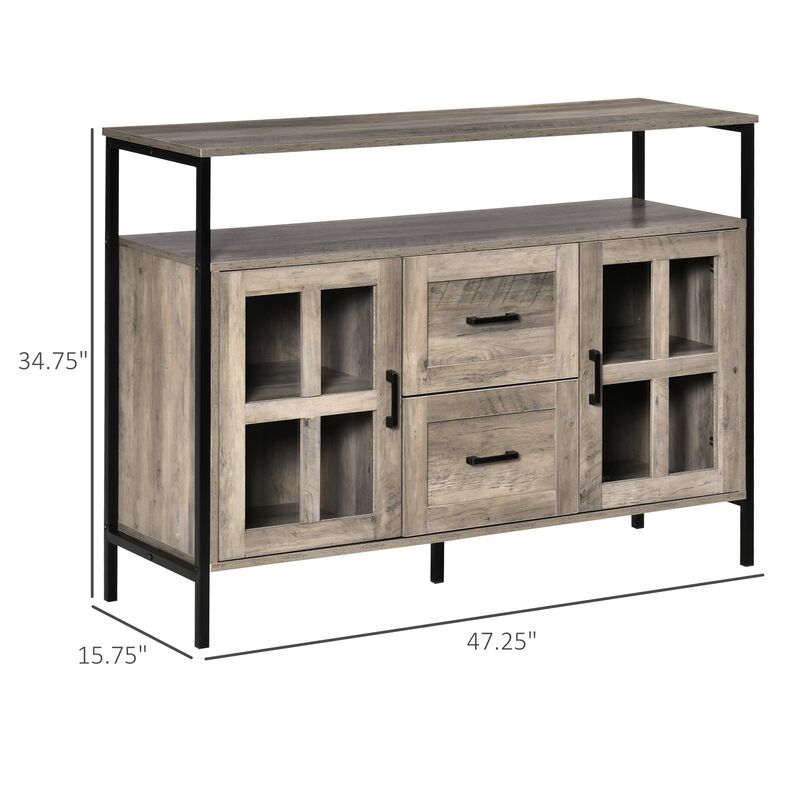 Rustic Kitchen Sideboard, Serving Buffet Cabinet with Adjustable Shelves, Glass Doors & 2 Drawers for Living Room, Gray