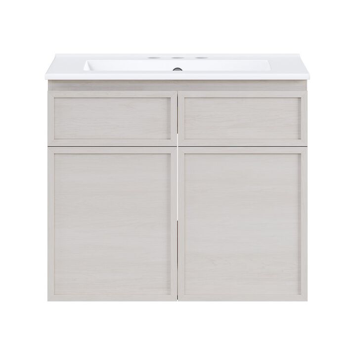 24" Wall-Mounted Bathroom Vanity in White Oak with 3-Hole Centerset Sink Top