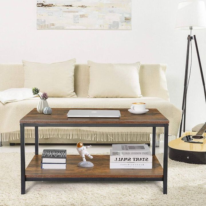 Hivvago Heavy Duty Industrial 2-Tier Coffee Table in Rustic Brown Wood Finish