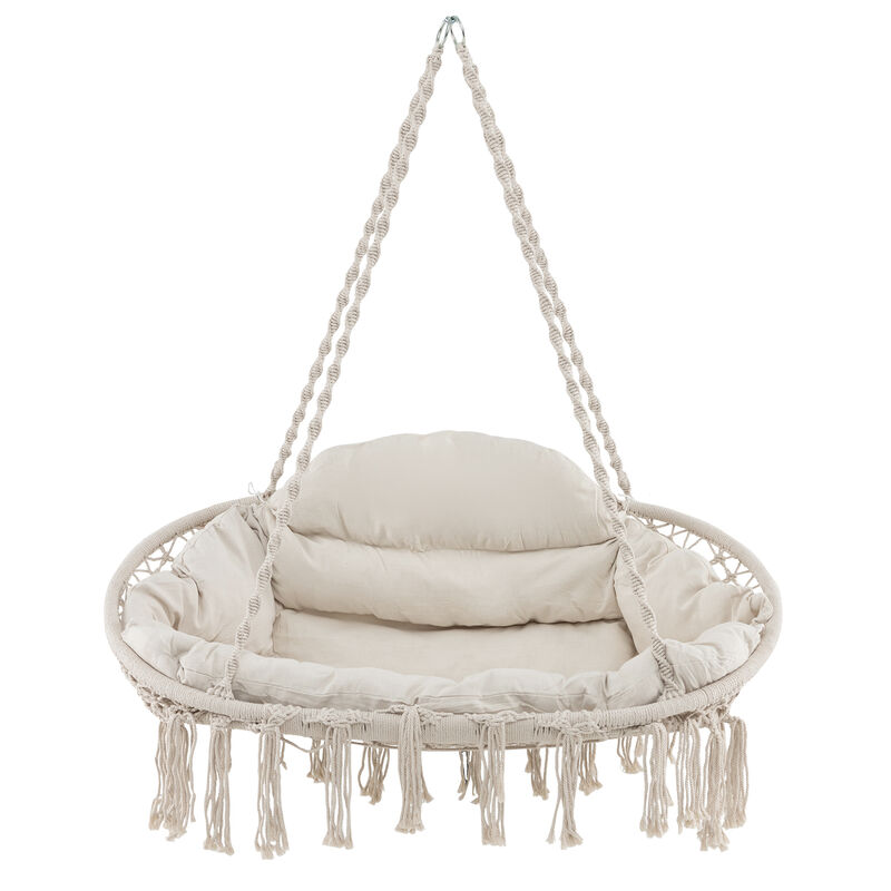 Hand-Woven Rope Hanging Chair with Thick Cushion and Folding Metal Frame