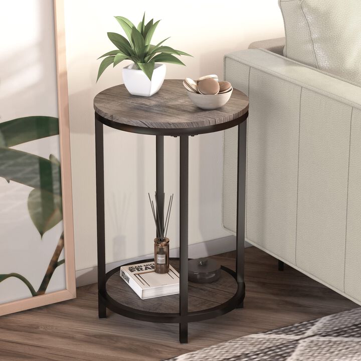 NSdirect Round Side Table Set of 2,16in Rustic Wooden End Table Surface Top & Sturdy Metal Legs Nightstand for Living Room Bedro