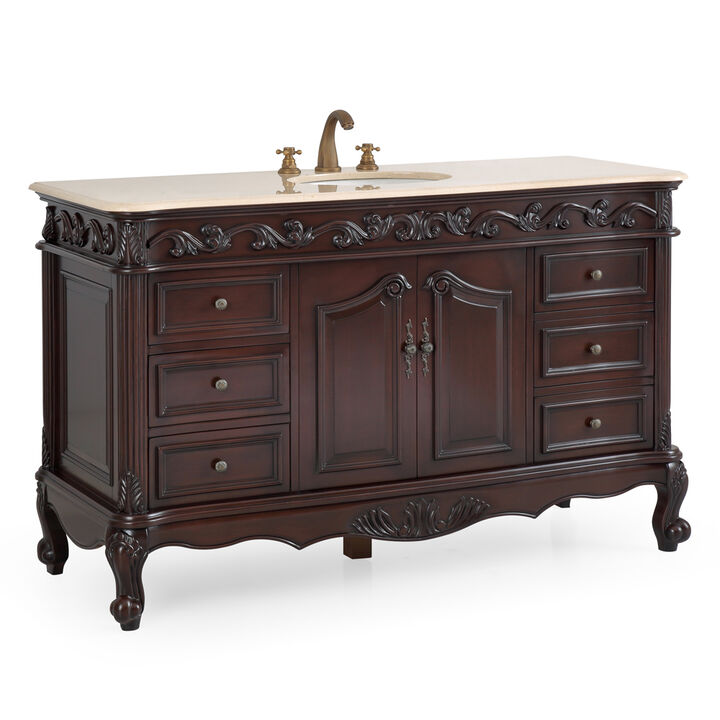56 Inch Traditional Style Brown Beckham Bathroom Sink Vanity With CreamTop