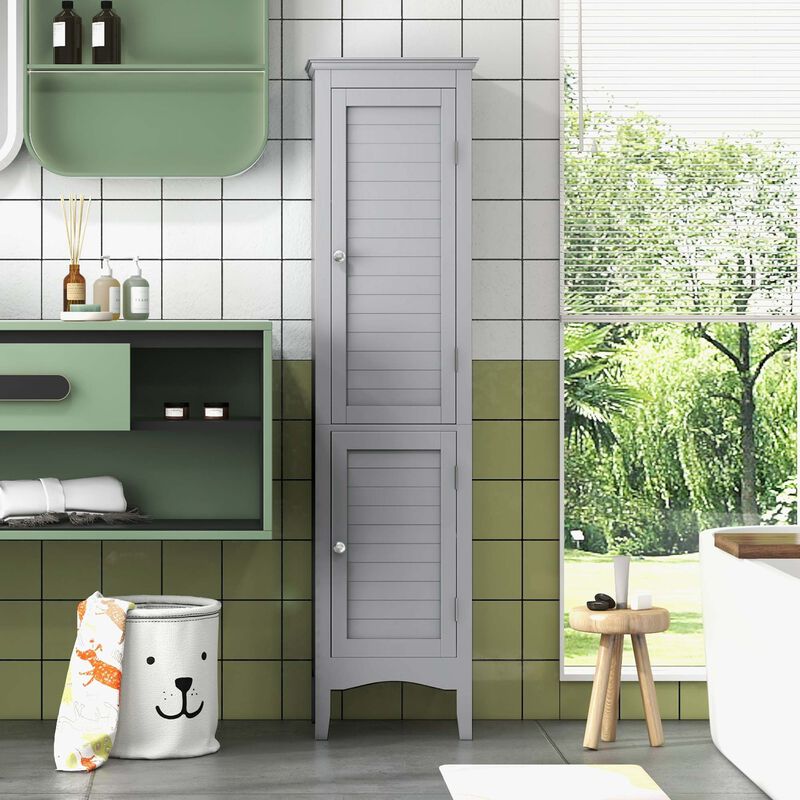 Costway Tall Bathroom Floor Cabinet Narrow Linen Tower with 2 Doors & Adjustable Shelf Grey