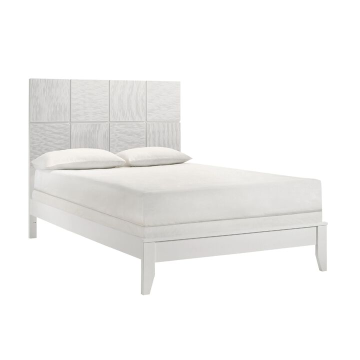 Deny Queen Size Bed w Grid Pattern Headboard, Tapered Front Legs, White