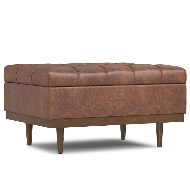 Mariah 34 inch Wide Contemporary Rectangle Coffee Table Storage Ottoman in Distressed Saddle Brown  Vegan Faux Leather, Assembled