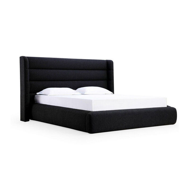 Mase Queen Platform Bed, Boucle Upholstery, Wingback Headboard, Gray - Benzara