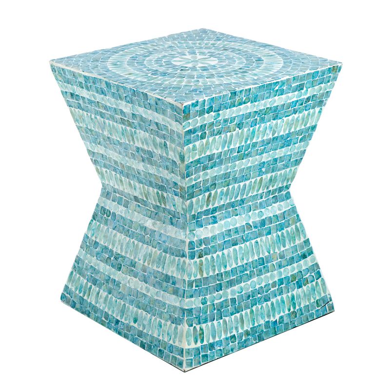 14 Inch Capiz Accent Table Stool, Blue Mosaic Geometric Hourglass Shape