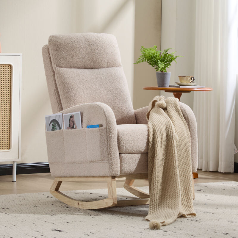 Upholstered Modern Rocking Chair with Solid Wood Legs and Ergonomic High Backrest image number 7