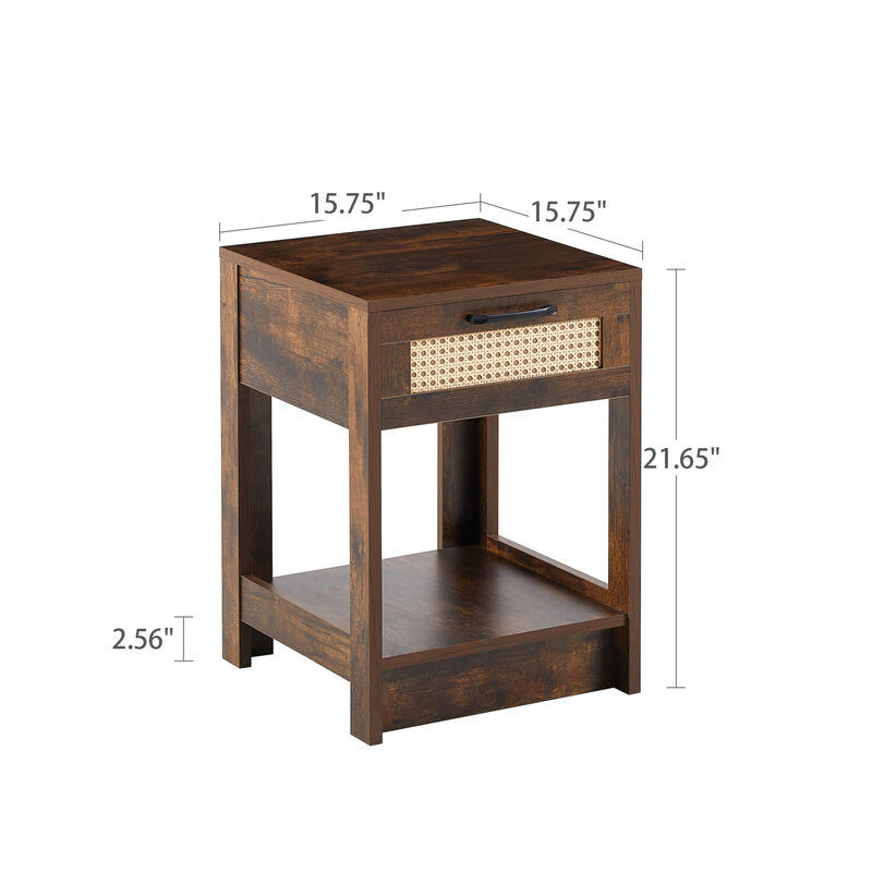 Rattan End Table with Drawer, Modern Nightstand, Side Table for Living Room, Bedroom, Rustic Brown image number 7