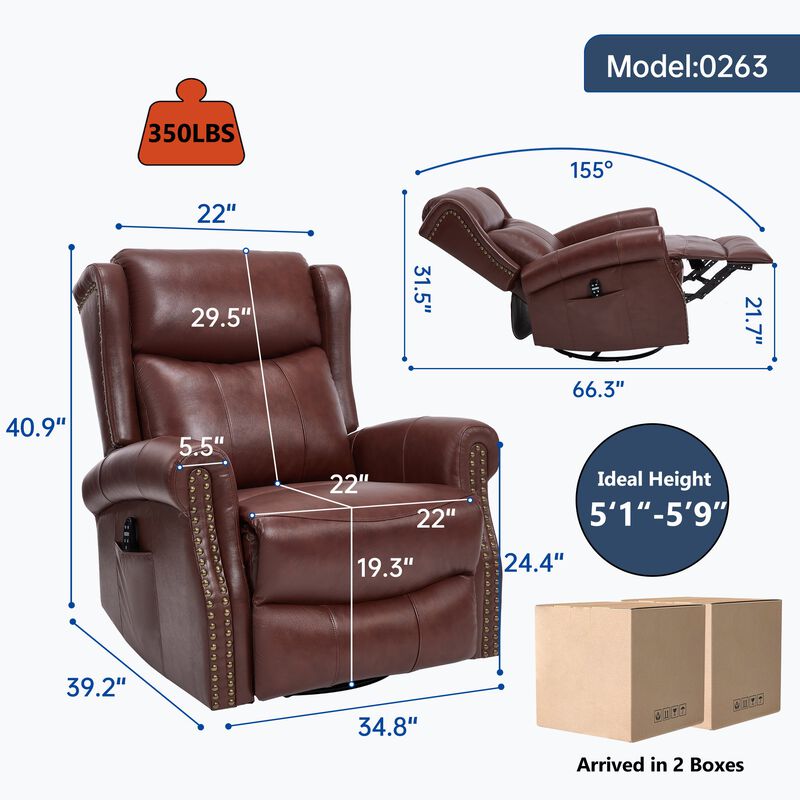 Genuine leather Heat Massage Manual Recliner Chair with Rocker and Swivel for Living Room image number 2