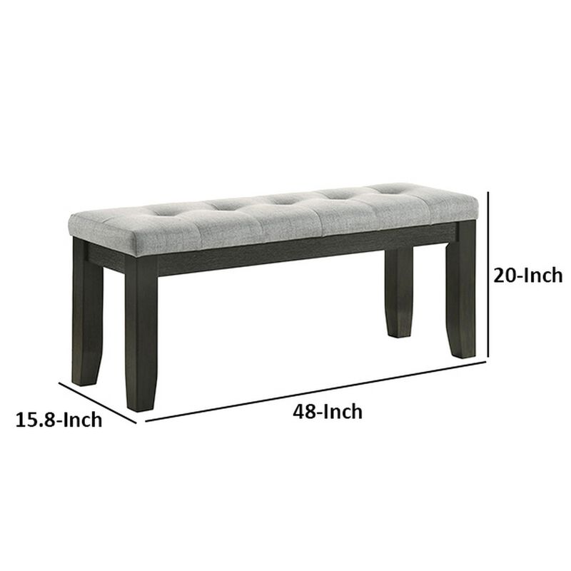 Woodlands 48 Inch Bench, Classic Wood Frame, Soft Gray Finished Fabric - Benzara