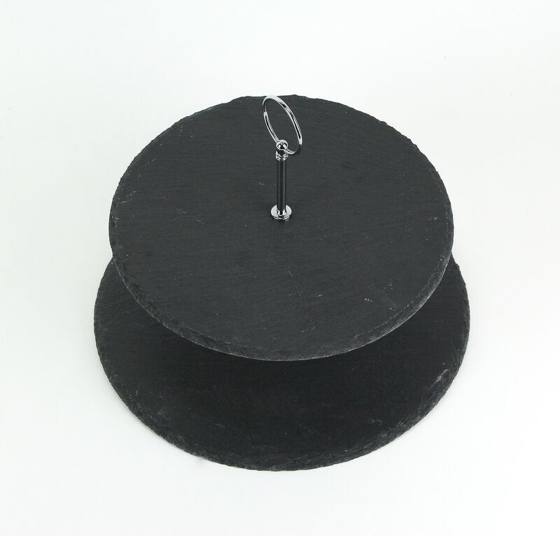 Two Tier Round Slate Stone and Chromed Metal Country Farmhouse Serving Tray image number 1
