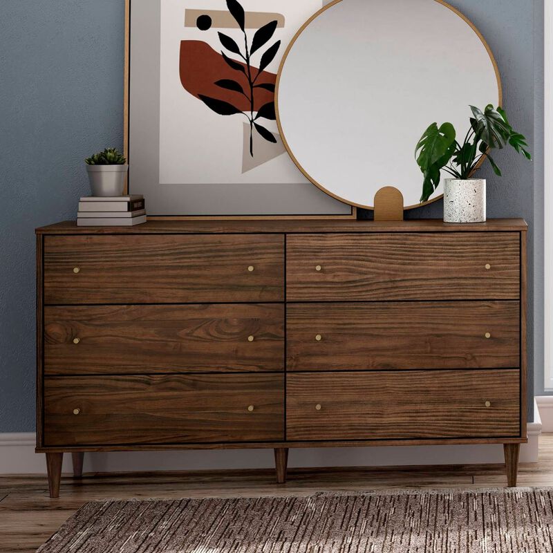 Farmhouse Style 6-Drawer Walnut Dresser with Mid-Century Design image number 2