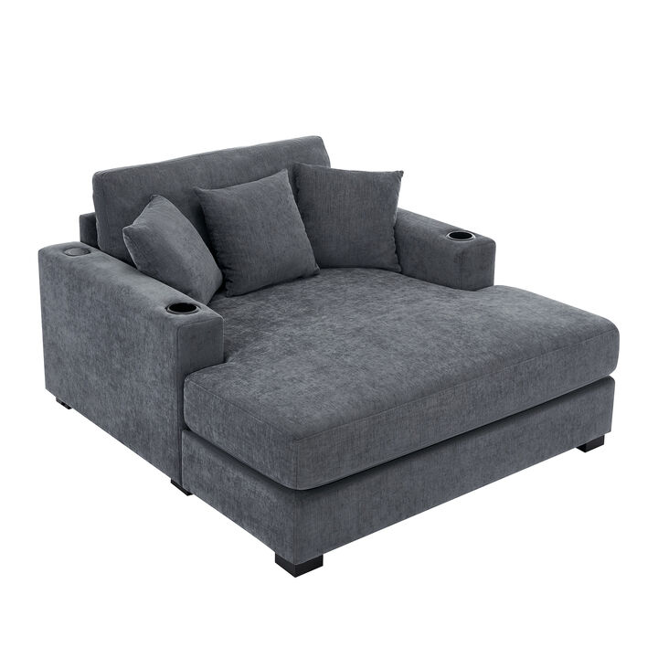 Merax Oversized Chenille Chaise Lounger with USB/Type-C Charging