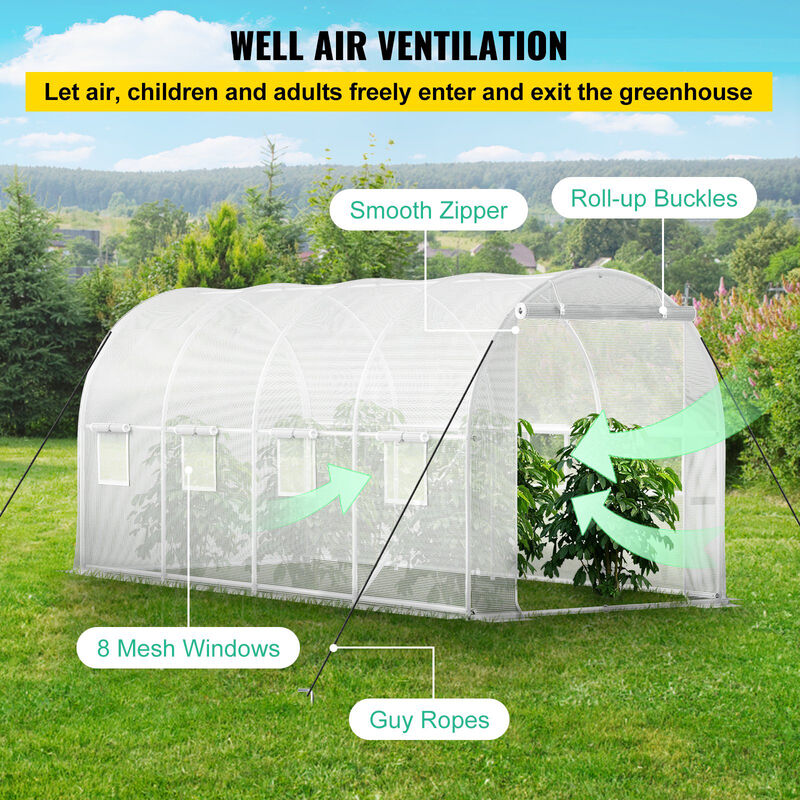 Portable Plant Hot House with Galvanized Steel Hoops, Zipper Door, and 8 Roll-Up Windows
