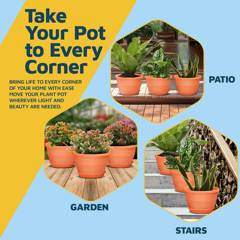 10-Inch Whiskey Barrel Planters Outdoor Pack of 5 - Durable Plastic Plant Pots for Indoor & Outdoor Use with Drainage & Saucer, Lightweight Rustic Barrel Planters for Flowers, Herbs & Small Plants image number 6