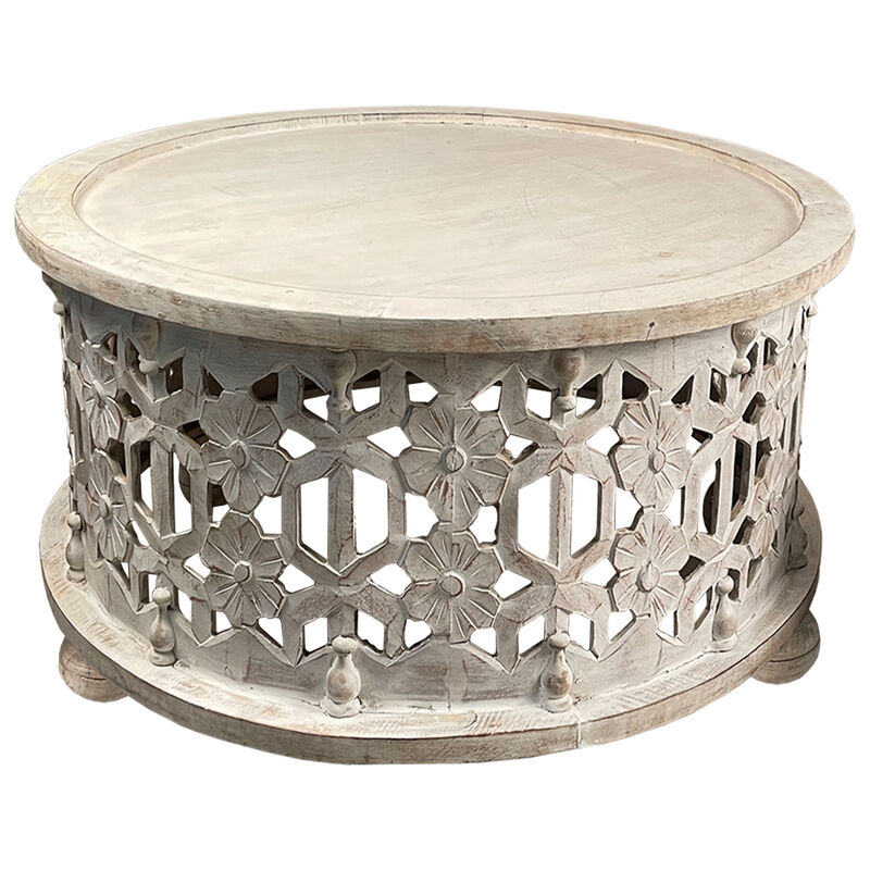 30 Inch Round 2 Piece Wood Coffee Table Set, Carved Floral Design, Antique White-Benzara