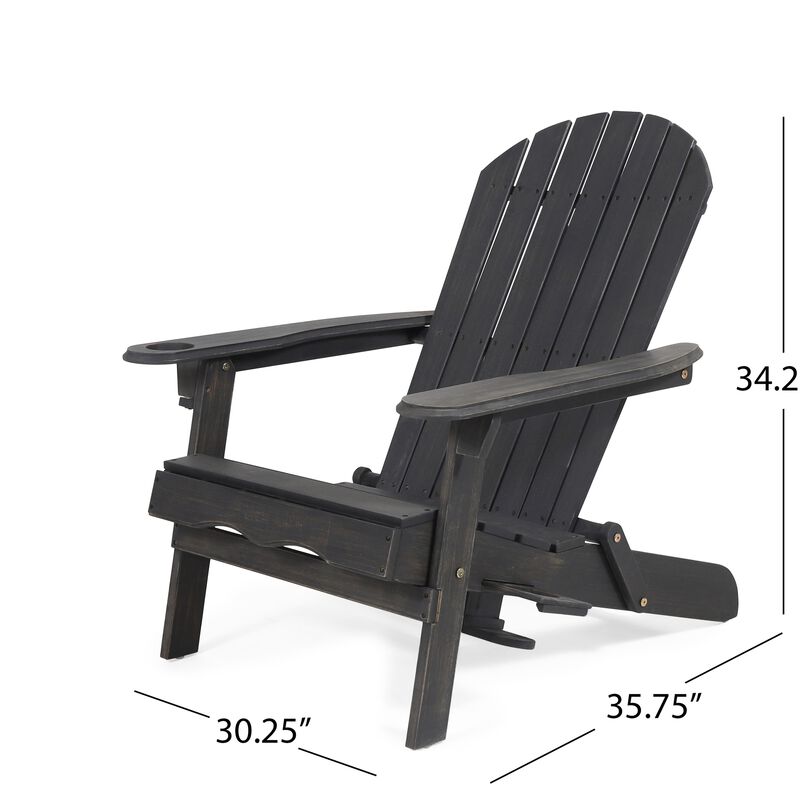 Outdoor Adirondack Chair with Cupholders, Foldable, Dark Gray Wood Finish - Benzara