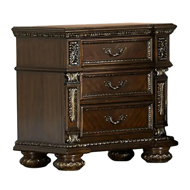 Lumi Four Pc Queen Bedroom Set, Gold Scrollwork, Acanthus Leaf Carving, Cherry Brown - Benzara