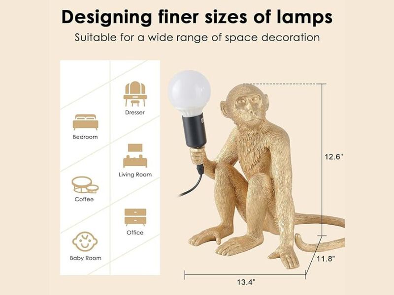 Table Lamp &ndash; Gold Resin Sitting Monkey LED Desk Light, Animal Bedside Home D&eacute;cor image number 2