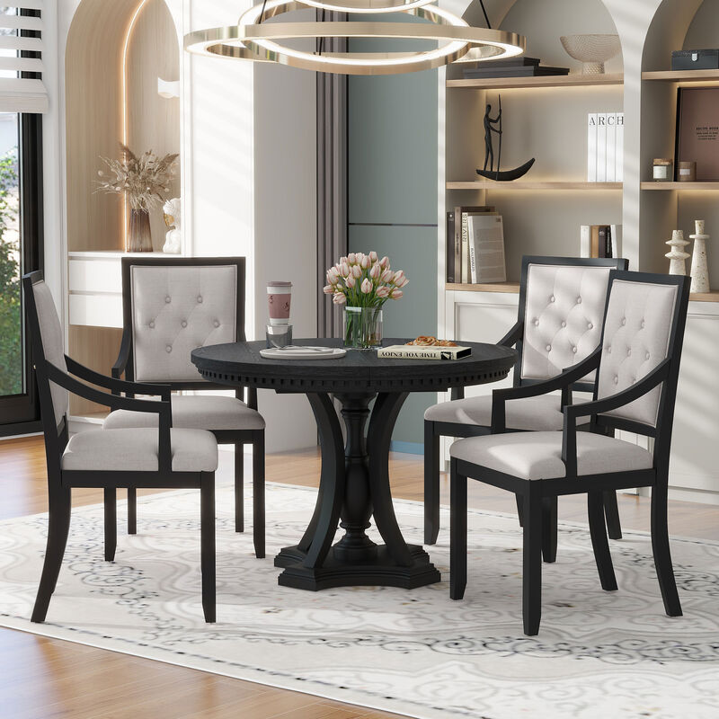 Whisen Retro 5-Piece Dining Table Set with Extendable Round Table and 4 Upholstered Chairs image number 3