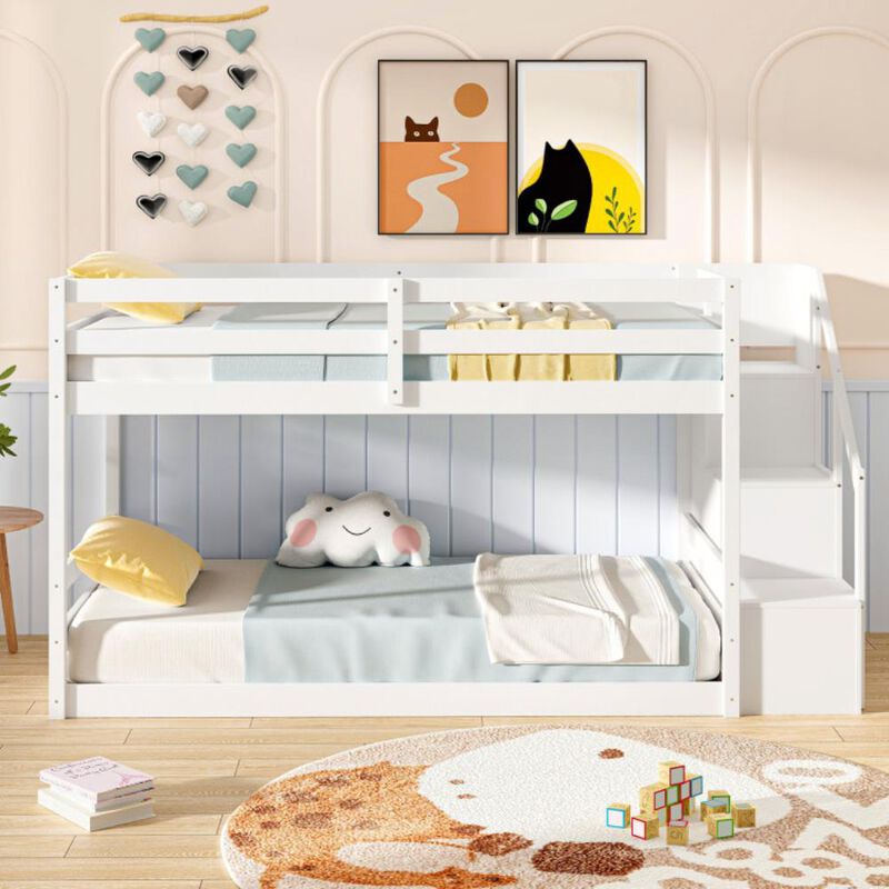 Hivvago Twin Over Twin Low Bunk Bed with Storage Stairs Solid Wood Floor Bunk Bed Frame