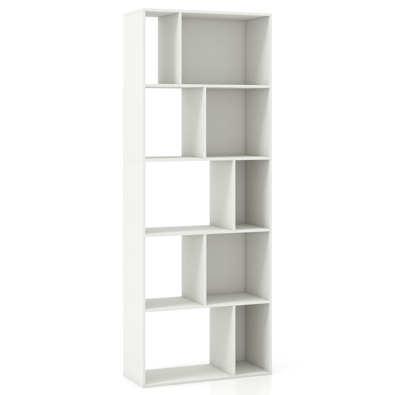 Modern Tall 5-Tier Bookshelf with 10 Geometric Cubes &ndash; Space-Saving Organizer