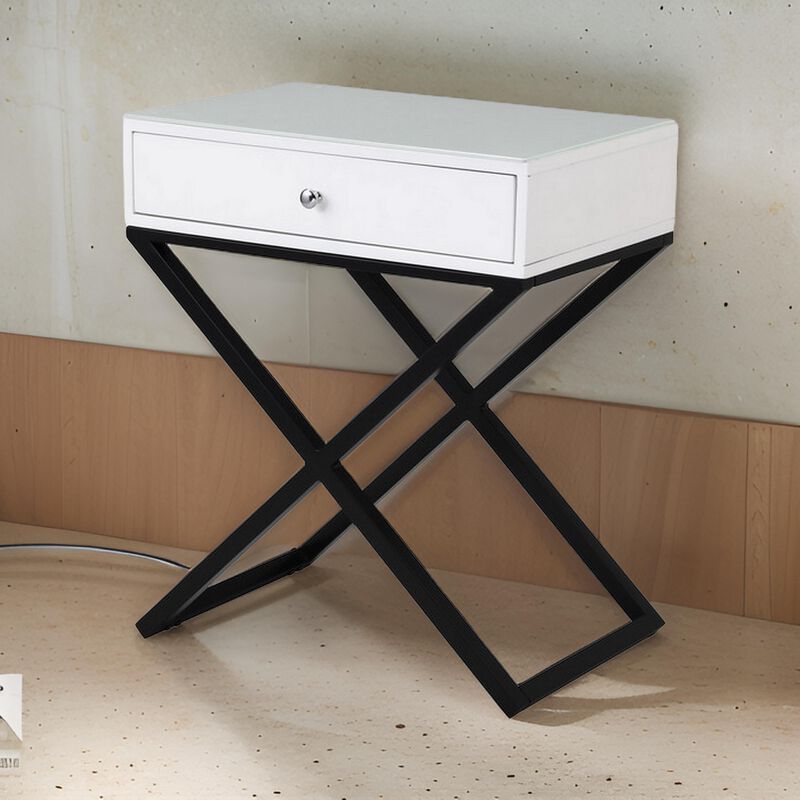Zeno 27 Inch 1 Drawer Nightstand, Glass Top, Black Metal Cross Legs, White - Benzara