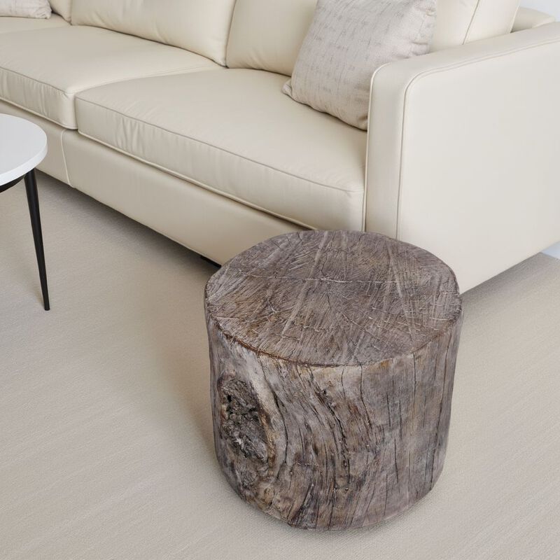9 Inch Cement Stool Table, Tree Stump Design, Round Top, Classic Brown