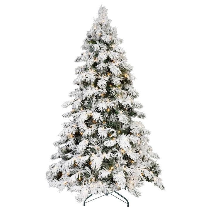 HomeRoots 7' Pre Lit Full Flocked Pine Christmas Tree