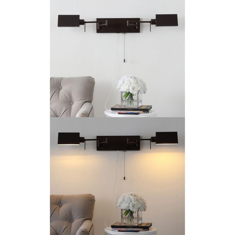 Arlo 54" 2-Light Farmhouse Industrial Double Swing Arm Iron LED Wall Sconce with Pull-Chain USB Charging Port